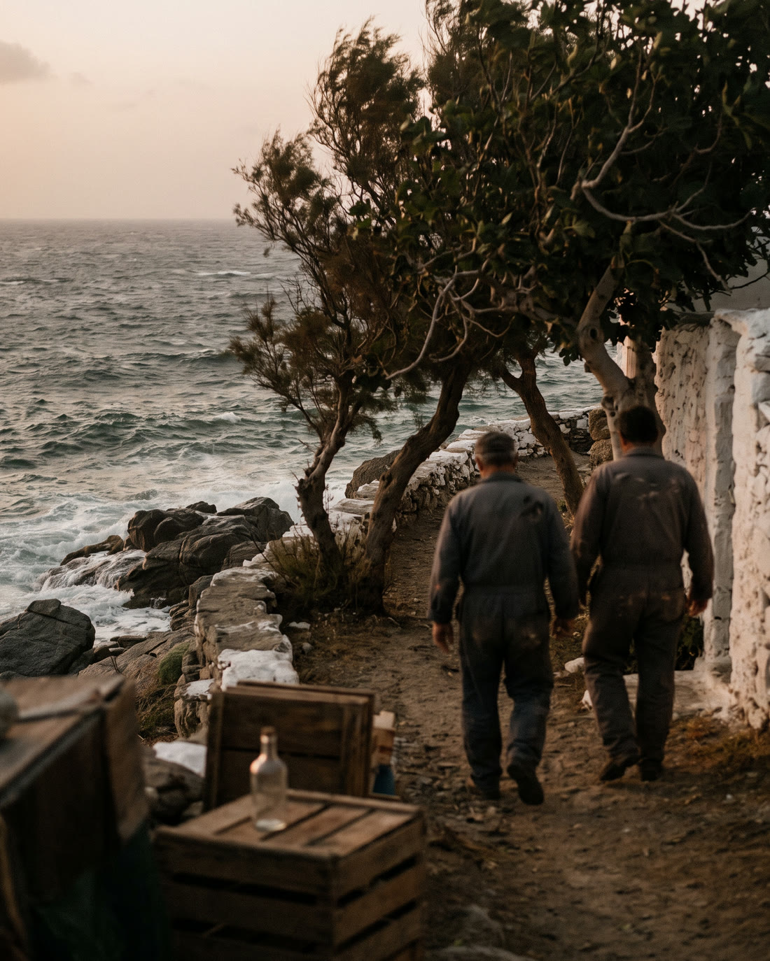 Two growers walking the granite north shore of Mykonos at dawn