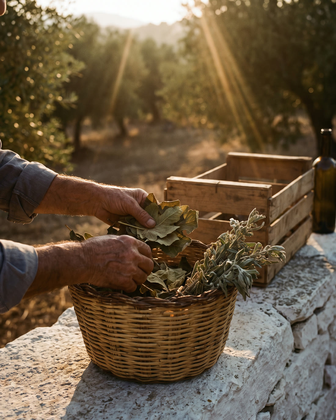 Hands laying fig leaves and wild sage into a basket on a stone wall