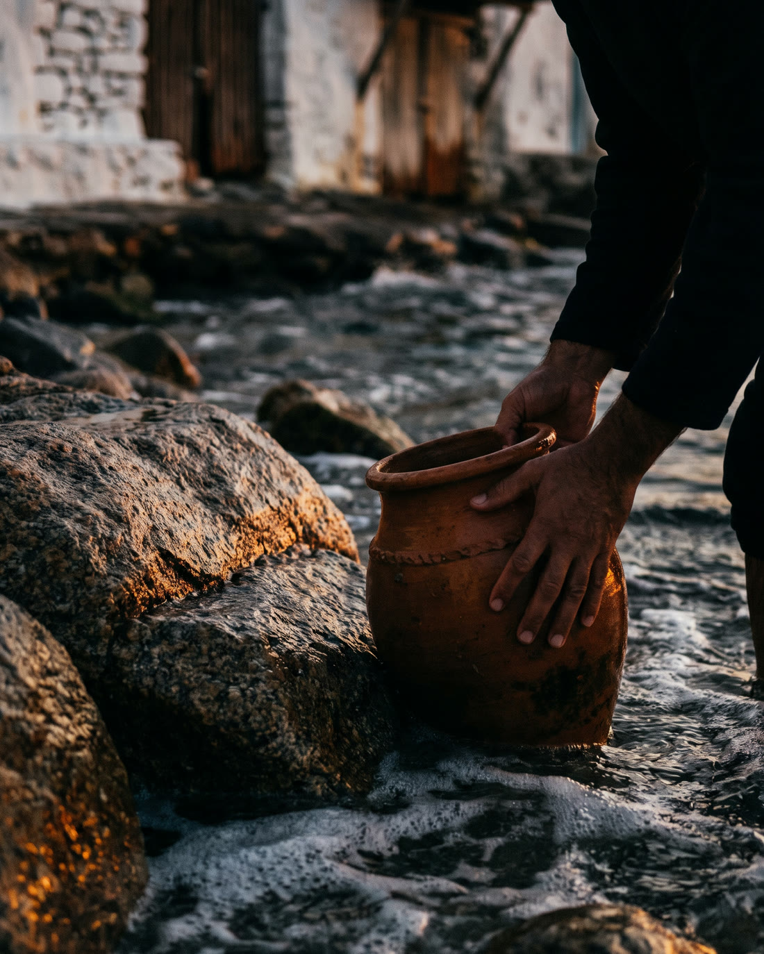 A clay jar filled with seawater at the shoreline at dusk