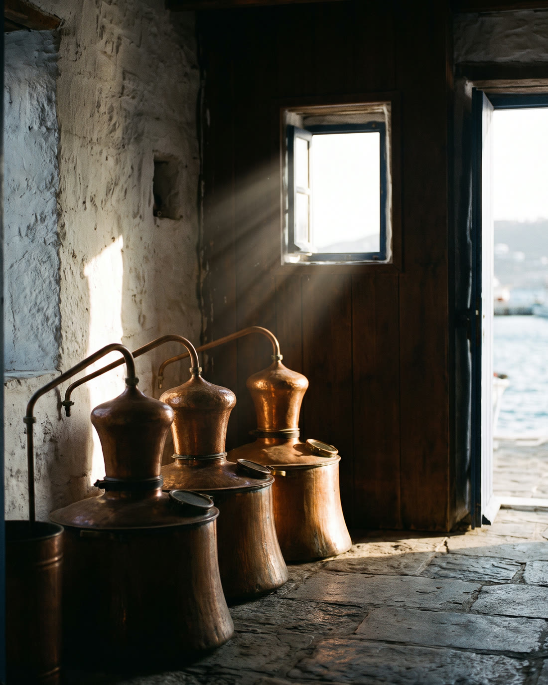 Three copper stills in a whitewashed boat shed