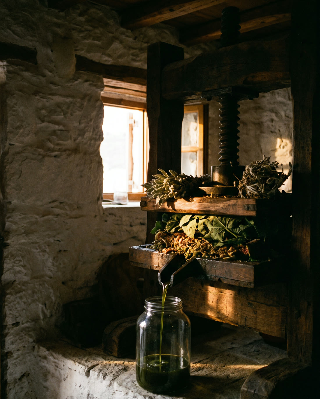 A wooden press with green oil running into a glass vessel