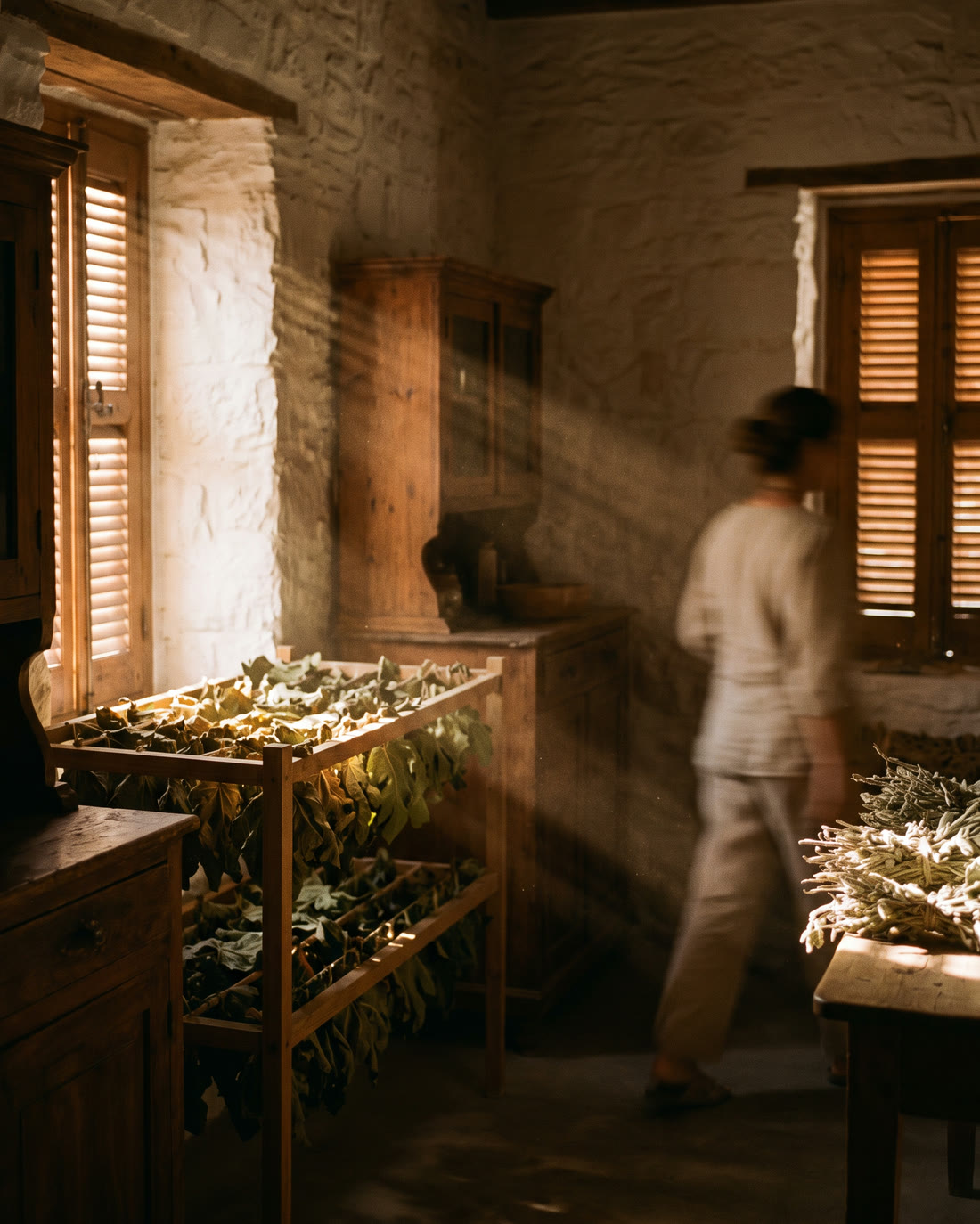 Racks of drying fig leaves under sun through closed shutters