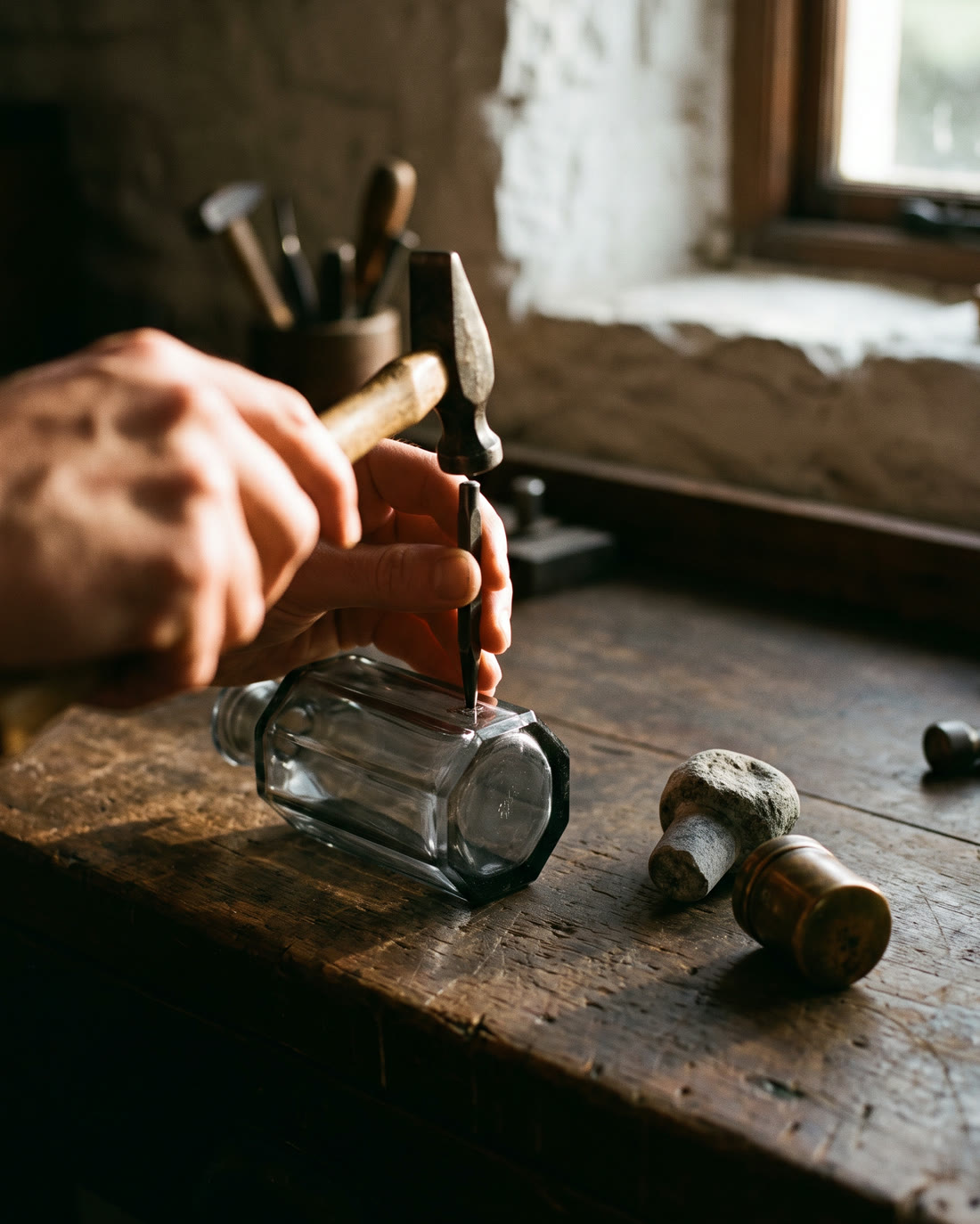 A hand striking a numbering punch into the base of a glass flacon