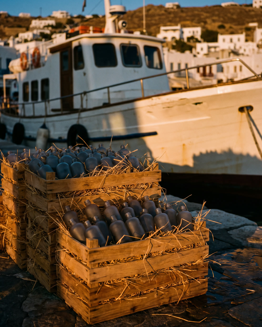 Wooden crates of flacons packed in straw on the harbour quay